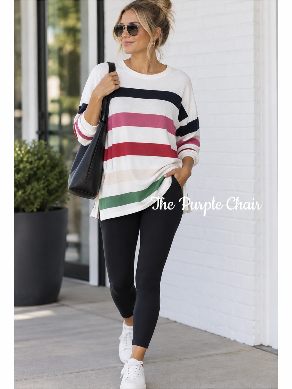 CROWN & IVY NWT Long Sleeve Raw Edge Striped Sweater PL
